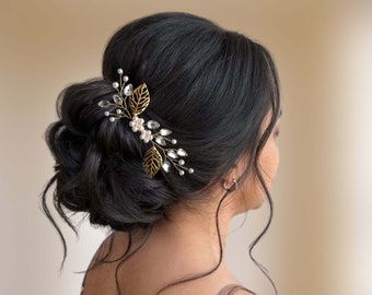 Gold leaf wedding hair comb with rhinestones, Pearl bridal hair piece, Bohemian bridal headpiece PG0017