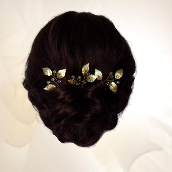 Lot de 3 épingles à cheveux en feuilles et cristal, Petits pics à chignon mariage, Bijou cheveux mariée feuilles EP0004