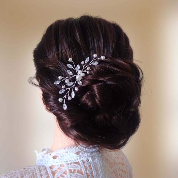 Épingle à chignon florale pour coiffure de mariée, Bijou de cheveux mariage bohème avec feuilles de strass et perles EP0012