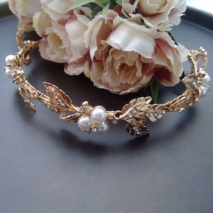 Gold leaf wedding headband with rhinestones, Floral bridal headband, Rustic bridal headpiece with gold leaves HDB0007