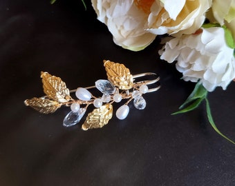Attache-traîne feuilles dorées, perles et cristal, Remonte traîne florale pour robe de mariée, Accroche-traîne mariage AT0011