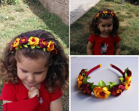 Serre Tête Avec Fleurs Kanzashi Rouge Et Jaune Diadème En Satin Couleurs Automnales Bandeau De Cheveux Mariage Champêtre St0001
