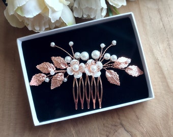 Rose Gold Leaves wedding hair comb, Pearl bridal hair comb, Flower bridal hair piece, Leaf wedding hair piece PG0033