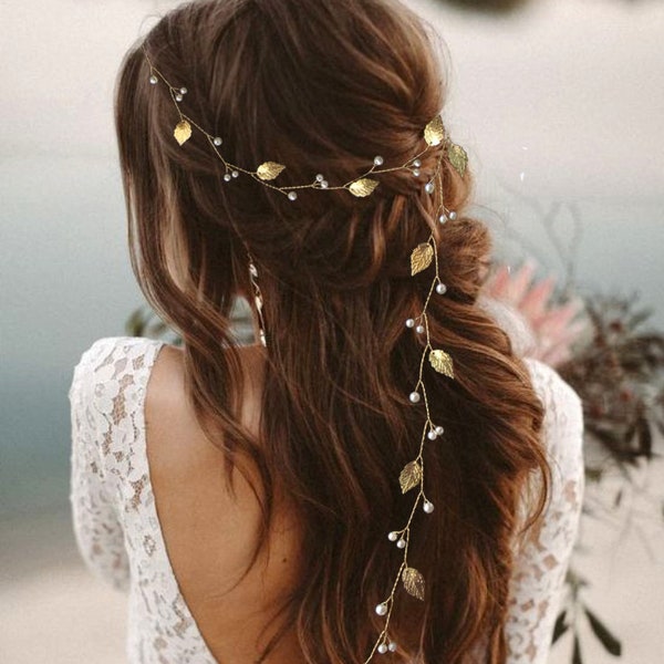 Vigne de cheveux mariage rustique avec feuilles et perles, Bandeau cheveux de mariée style antique, Bijou de cheveux bohème "Olympia"V0046