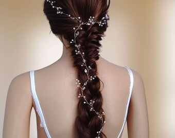 Boho Wedding hair vine, Long hair vine, Pearl & Crystal Bridal hair vine, Bohemian wedding headband V0033