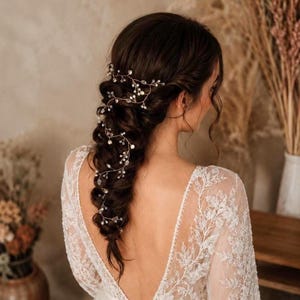 Diadema larga estilo boho para novias con perlas y cristales, diadema romántica para el cabello, diadema nupcial boho V0011
