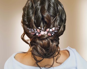 Peigne cheveux mariée cristal, strass et feuilles or rose, pour, Bijou de cheveux floral mariage bohème PG0006