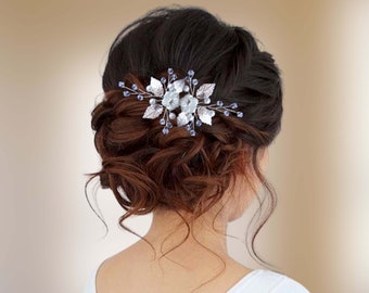 Bridal hair pins with leaves and flower, Crystal wedding hair pins, Pearl bridal hair piece EP0014