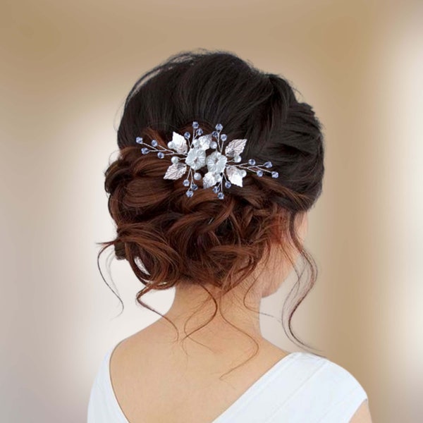 Épingles cheveux mariage avec fleur et feuilles, Épingles chignon mariée ou demoiselle d'honneur, Bijou cheveux perles EP0014