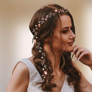 Wedding hair vine with leaves, Pearl and crystal bridal hair vine with leaves, Leaf wedding headband V0006