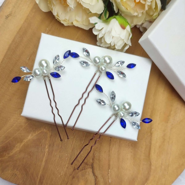 Épingles à cheveux bleu royal mariage ou soirée, Lot de petits bijoux de cheveux en perles et strass coloré EP0031