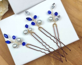 Set of small wedding hair pins in royal blue,  Pearl & crystal colored hair clips for bridesmaids or guests  EP0032