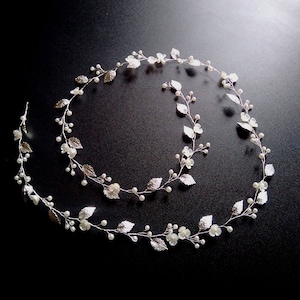 Pearl floral bridal hair vine with leaves for woodland or country weddings V0010
