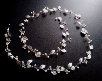 Pearl floral bridal hair vine with leaves for woodland or country weddings V0010