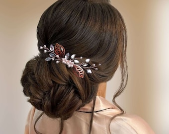 Peigne à cheveux de mariage avec feuilles or rose, perles et strass, Bijou de cheveux floral de mariée PG0017