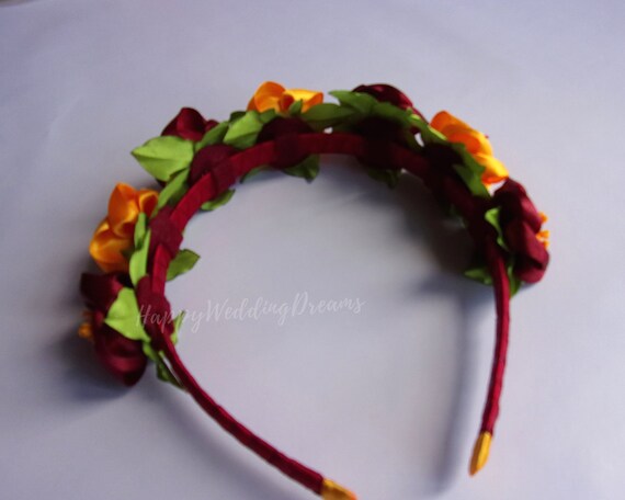 Serre Tête Avec Fleurs Kanzashi Rouge Et Jaune Diadème En Satin Couleurs Automnales Bandeau De Cheveux Mariage Champêtre St0001