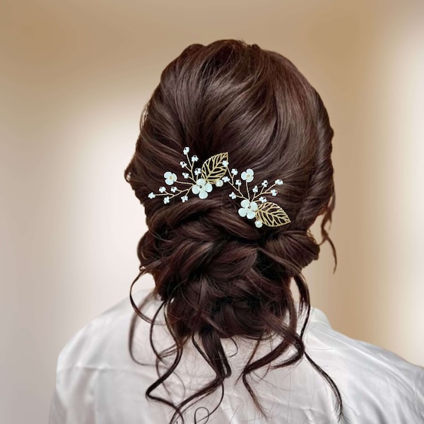 Épingle à cheveux florale pour mariage champêtre, Épingles à chignon perles et fleurs, Bijou cheveux mariée bohème EP0024