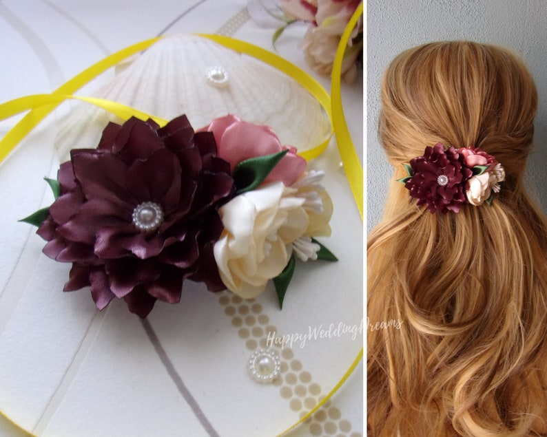 Floral hair clip French barrette with fall colors satin flowers Country wedding hair barrette BF 0050
