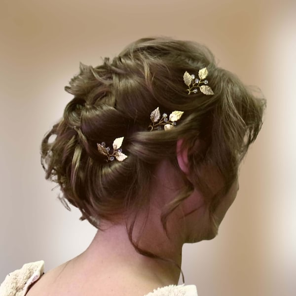 3pcs Épingles à chignon avec feuilles et cristal  Pics à chignon mariage Bijou cheveux mariée Épingles à cheveux feuilles EP0004