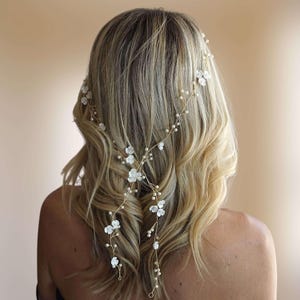 Long Floral bridal hair vine, Pearl wedding hair vine, Boho wedding headband Bohemian wedding hair vine V0005