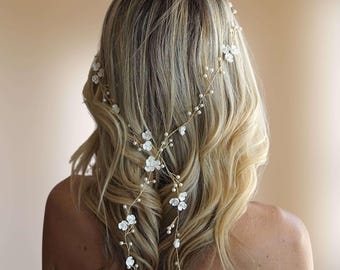 Diadema floral larga para el cabello para bodas, diadema rústica, joyería para el cabello de novia, diadema boho V0005