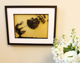 Dancing with Dandelions - FANTASY WIRE Papercut Framed Picture (Black with Gold backing)
