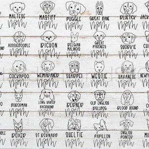 May include: Black and white illustrations of various dog breeds with the word "mom" written underneath each dog. The dog breeds include Springer Spaniel, Maltese, Mastiff, Puggle, Great Dane, Bluetick, Jack Russel, Basset Hound, Aussie Doodle, Bichon, Belgian Malinois, Great Pyrenees, Schorkie, Chiweenie, Cavalier King Charles, Cockapoo, Weimaraner, Sharpei, Westie, Havanese, Newfoundland, Maltipoo, Doberman, Long Haired Dachshund, Berner, Old English Bulldog, Bloodhound, Collie, Sheepadoodle, Boxer, St Bernard, Sheltie, Papillon, English Pointer, and Min Pin.