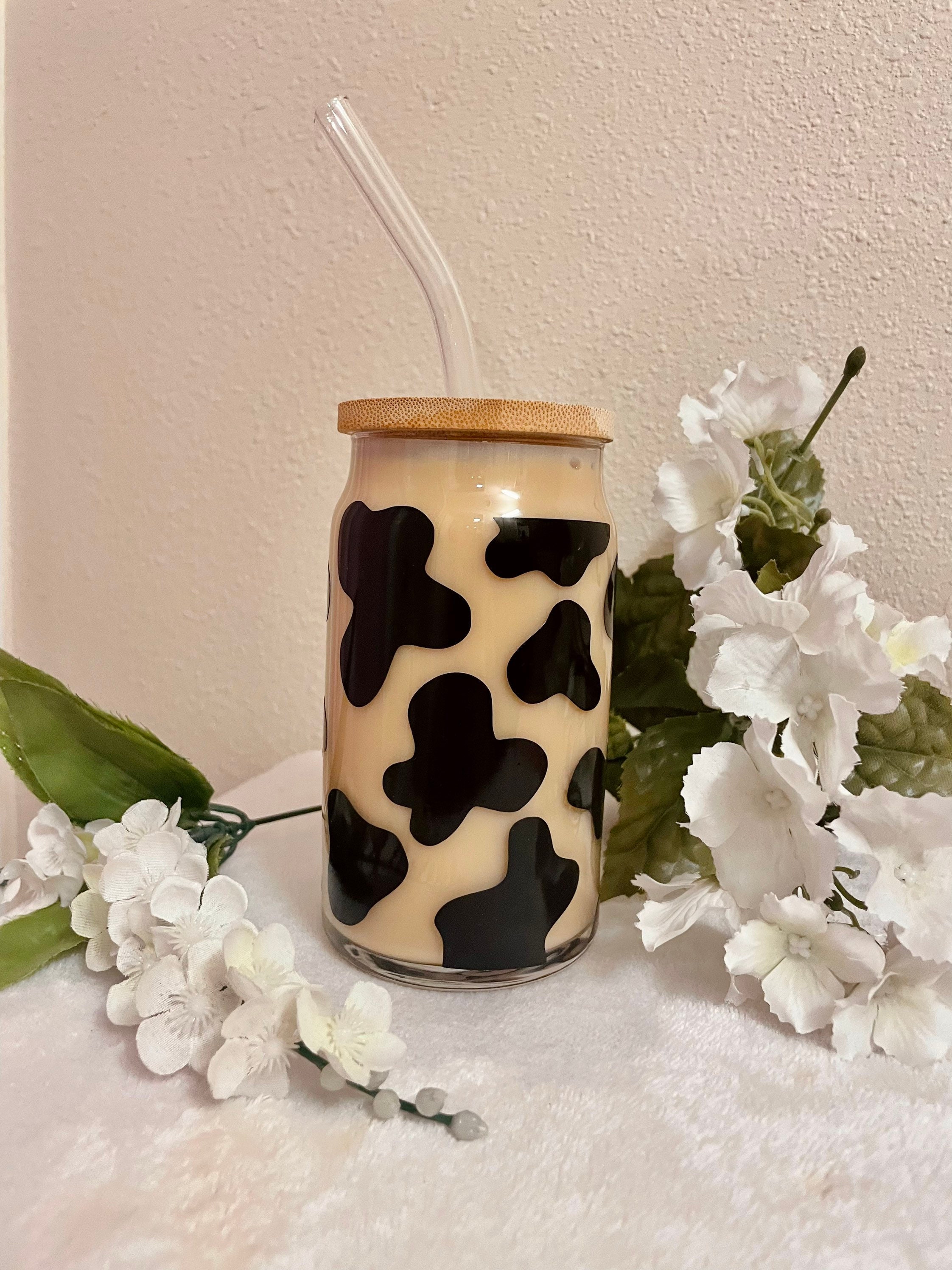 Cow Print Glass Cup With Bamboo Lid and Glass Straw16 Ounces Etsy