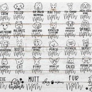 May include: Black and white illustrations of various dog breeds with the word "mom" written below each image. The breeds include Chow, Toller, Old English Sheepdog, Mini Foxy, Fox Terrier, English Cocker Spaniel, Greyhound, Malamute, Lhasa Apso, Norwegian Elkhound, Rhodesian Ridgeback, Spaniel, Beauceron, Scottie, Brittany Spaniel, Pomchi, Pekingese, Sheepsky, Schipperke, Cat, Bunny, Sphynx Cat, Calico, Persian Cat, Rescue, Fur, Mutt, and "dog mom".