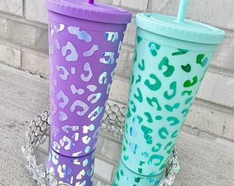 Holographic Cheetah Print Reusable Tumbler | Custom Leopard Print Water Bottle | Cup | Personalized Tumbler | Gifts for Her