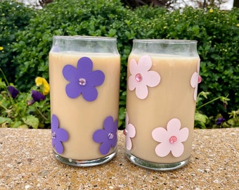 Flower Glass Cup, Beer Glass Can, Glass Coffee Cup, Soda Glass Can, Iced Coffee Glass, Gifts for Her, Christmas Gift, Aesthetic Cup