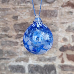 Cobalt Blue & White Spotty Handmade Glass Bauble - Blown Glass