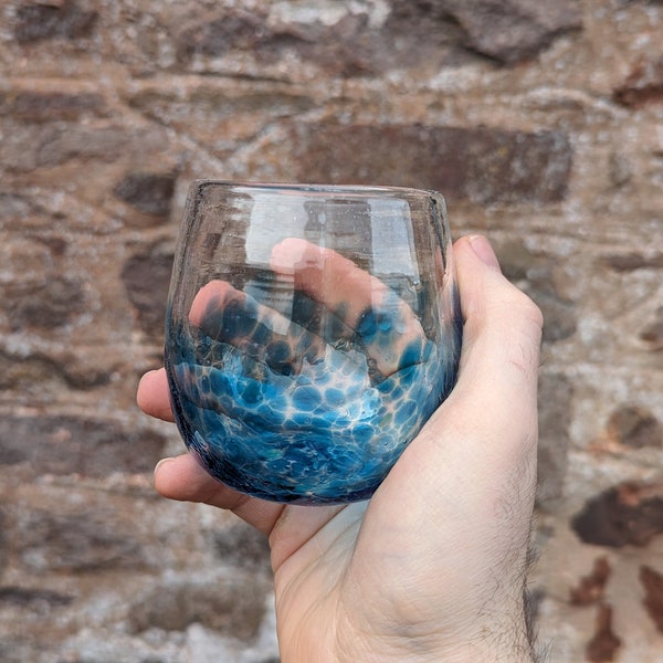 Blown Glass Tumbler, Turquoise Blue- handmade glass curved tumbler