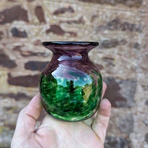 Purple & Green Small Vase, Blown Glass Art Vase, Handmade Glass