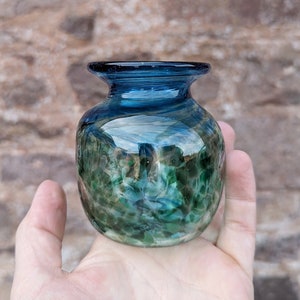 Blue Green Ocean Small Vase, Blown Glass Art Vase, Handmade Glass