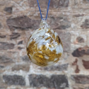 Amber Yellow & White Spotty Handmade Glass Bauble - Blown Glass