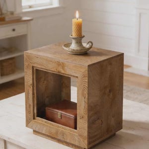 May include: A square wooden side table with a natural finish. A lit, textured beeswax candle sits atop a ceramic candle holder. A brown leather box is visible inside the table's open compartment. The table is on a white surface.