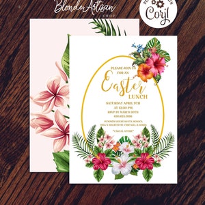 May include: An invitation to an Easter lunch with tropical floral accents. The invitation features a gold egg shape with the text "Please join us for an Easter Lunch" and details about the event, including the date, time, RSVP information, location, and dress code. The invitation is decorated with colorful hibiscus flowers, green leaves, and a gold border.