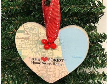 Custom Map Heart Ornament, Home Sweet Home, Any Town City