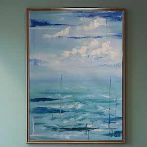 Ocean Abstract Oil Painting on Canvas: Vertical Textured Art