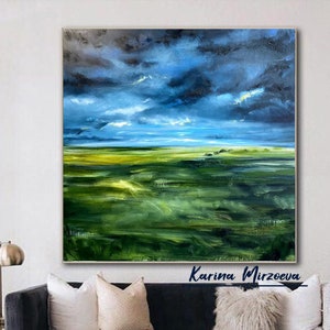 Oil Painting Original Landscape "Before the Rain", Artwork for Walls Canvas, Extra Large Abstract Art Green, Oversized Wall Art Framed