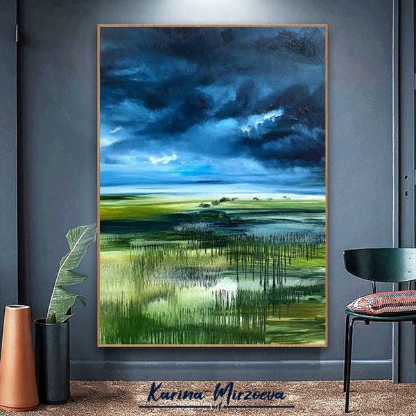 Stormy Sky Painting Clouds Painting Original Landscape Painting Countryside Extra Large Canvas Wall Art Original Landscape Canvas Art