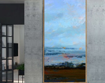 Original Abstract Landscape Painting: Textured Blue Canvas Wall Art