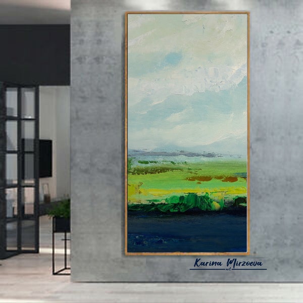 Paysage abstrait peinture Art Original grand mur étroit Art paysage peinture bleu peinture à l’huile paysage vert peinture peinture verticale