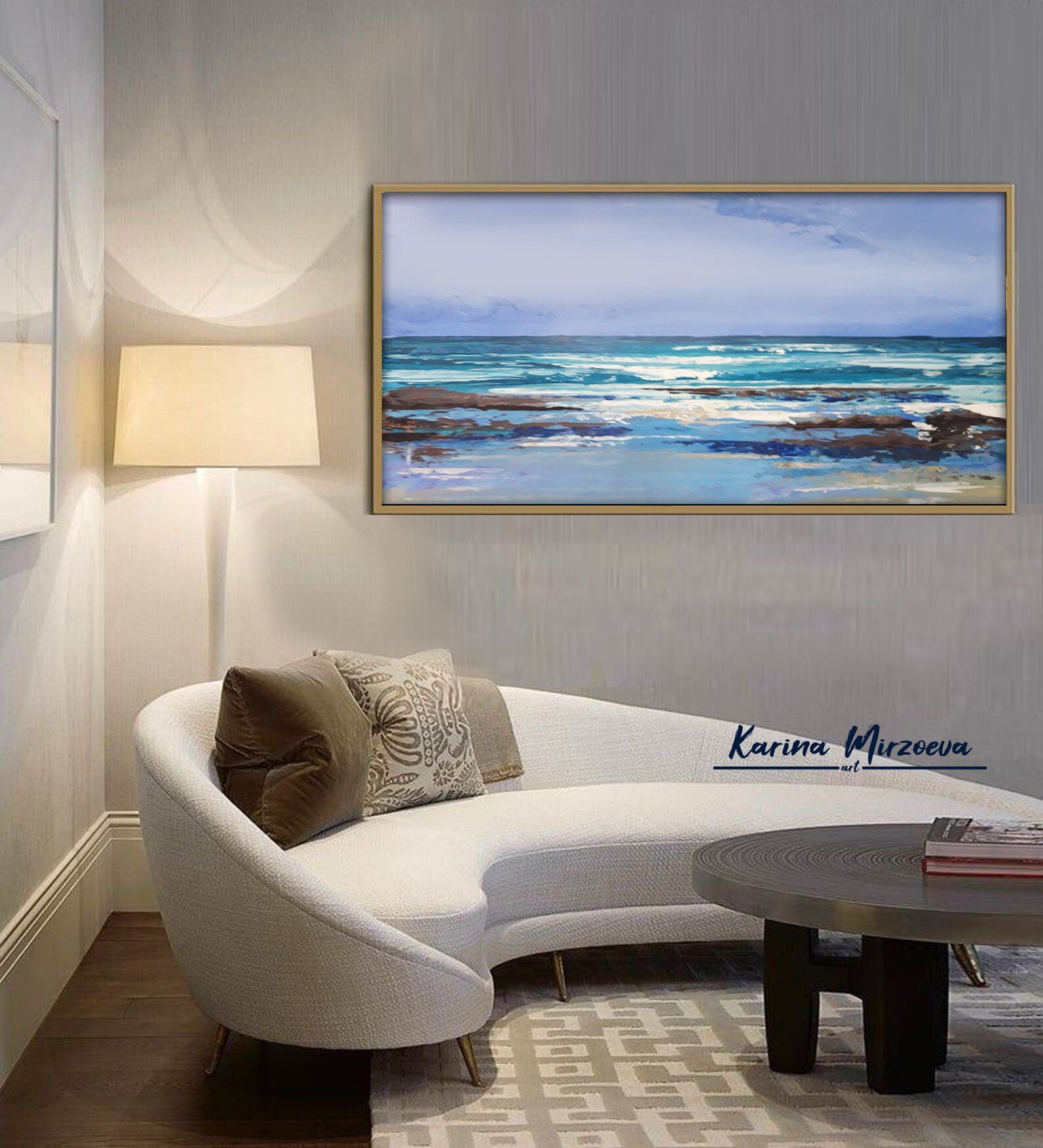 Long Wall Art Horizontal Large Ocean Painting Original Blue Etsy