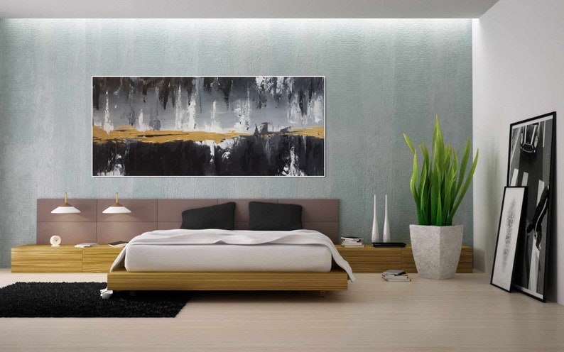 Long Horizontal Wall Art Black And White Painting Contemporary | Etsy
