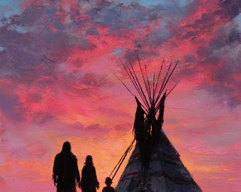 Inheemse familie bij zonsondergang – emotioneel olieverfschilderij op canvas – tribale landschapsmuurkunst door hedendaagse kunstenaar Karina Mirzoeva