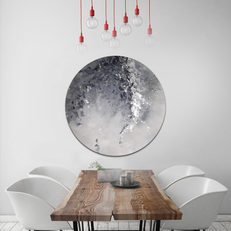 Round Wall Artcanvas Silver Painting Large Geometric Painting Etsy
