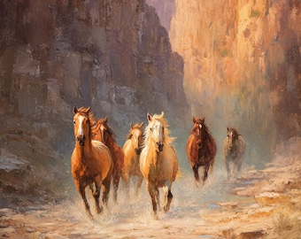 Wild Horses Canyon Oil Painting: Original Western Art by Karina Mirzoeva (36x54)