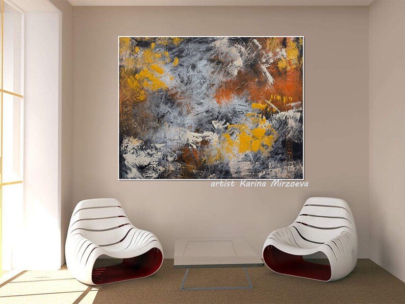 Large Abstract Canvas Painting Yellow And Grey Wall Art Huge Etsy